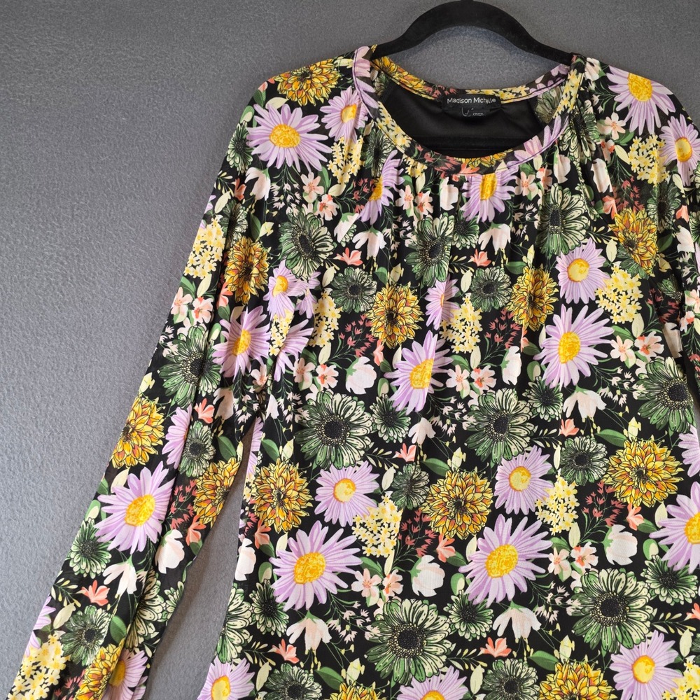 Madison‎ Michelle Garden Floral Daisy Mesh Long Sleeve Blouse Black S Fairycore